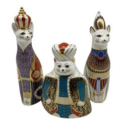 Three Royal Crown Derby paperweights from the Royal Cats Collection 'Egyptian', 'Abyssinian' and 'Persian' , no stoppers (3)