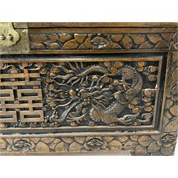 Oriental carved camphor wood blanket box with dragon, phoenix and foliate carvings 