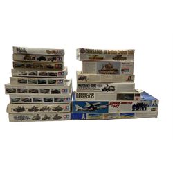 Sixteen plastic model kits including Tamiya 'B.M.W. R75' 1/35 scale, Tamiya 'Russian Heavy Tank KV II' 1/35 scale, Airfix 'Crusader III British Cruiser Tank' 1/32 scale etc, in two boxes, completeness unknown