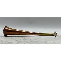 Swaine & Adeney of 185 Piccadilly, London, copper and brass hunting horn with plated mouthpiece, stamped 'Proprietors of Kohler & Son, Made in England', L22.5cm 