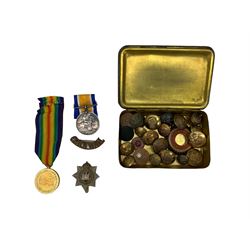 WWI pair of War and Victory medals to 033670 Pte. W.A.Holmes A.O.C. various military buttons, Devonshire Regiment and Cornwall badges etc