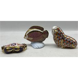 Three Royal Crown Derby paperweights comprising 'Tropical Fish Gourami' dated 1990, Walrus, 1989 and Crab, 1988 (3)
