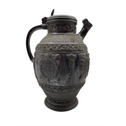 German Rhenish stoneware ewer, the pewter lid inscribed 'M B 1665' decorated with hatched panels, the spout with pewter cover H30cm