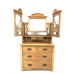 Edwardian satin walnut dressing chest, raised back with three swing mirrors over two short and two long drawers to base W91cm, H164cm, D47cm