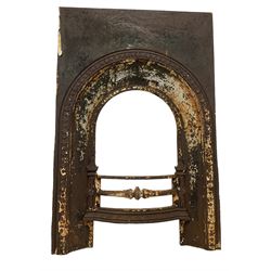19th century cast iron fire place inset (W61cm x H93cm) and a pair of wrought metal wall brackets with scroll decoration 70cm x 70cm