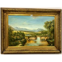 Continental School (20th century): Waterfall landscape with distant mountains, oil on canvas unsigned 60cm x 90cm