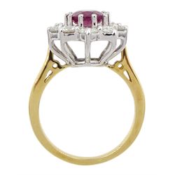 18ct gold oval ruby and round brilliant cut diamond cluster ring, hallmarked, ruby 2.25 carat, total diamond weight 1.50 carat, with World Gemological Institute Report