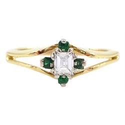 18ct gold baguette cut diamond and emerald ring, London 1978, diamond approx 0.25 carat