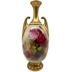 Early 20th century Royal Worcester vase by Harry Martin, of ovoid twin handled form, the body hand painted with roses, signed H. Martin, upon circular acanthus moulded foot, with puce printed marks beneath including shape number 2307, and date code for 1911, H27.5cm