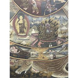 Mandala-Thangka, decorated with a central wheel and the large figure of Makahala, within brocaded silk borders, total size 160cm x 101cm overall
