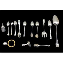 George III silver fiddle pattern caddy spoon Birmingham 1817 maker Joseph Willmore, George III silver table spoon, various silver tea spoons, baby's teething ring with a silver bell and a pair of silver cufflinks approx 6oz