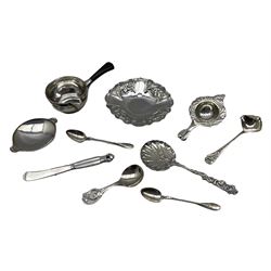 Danish silver brandy saucepan with ebonised handle D8cm, Georg Jensen sterling saucer dish and knife,  830 standard silver dish D13cm, Danish silver caddy spoon and other continental silver spoons etc 11oz