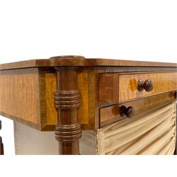 Sheraton Revival - Edwardian satinwood work table, the canted rectangular top with support roundel mounts and banding, shallow single drawer above sliding upholstered storage basket, on collar turned and reeded tapering supports