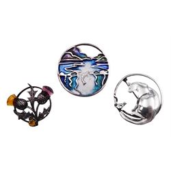 Nine Scottish silver brooches including enamel landscape brooch by Bruce Stephenson, two bird brooches by Hebridean Jewellery and seven other silver brooches including heron, giraffe and leaf designs