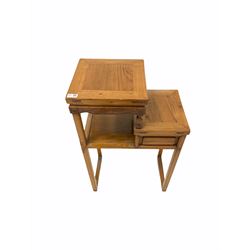 Chinese hardwood lamp table, with three staggered tiers, panelled sides, raised on square supports W51cm, H81cm