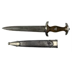 German Third Reich SA dagger, the blade etched 'Alles fur Deutschland' cross guard marked Nm for SA Group Nordmark, brown wooden grip with SA device and swastika, steel scabbard, blade length 22cm 