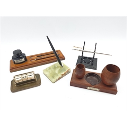 Oak inkstand with pen trays and ink bottle, , perpetual calendar, inkstand from the timber of H.M.S.Worcester, Mappin Bros dip pen and other writing items
