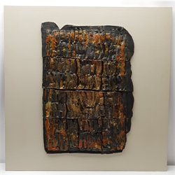 Russell Platt (British 1920-2015): Abstract in Gold and Grey, ceramic mixed media sculpture unsigned 67cm x 47cm mounted onto a painted wooden backboard 84cm x 84cm overall