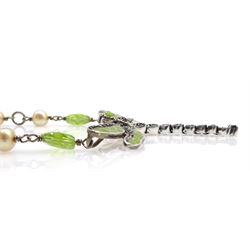 Silver peridot, enamel, pearl and marcasite dragonfly necklace, stamped 925