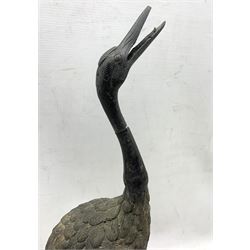 Pair of 19th/ early 20th century Japanese bronzed Cranes, H50cm max (a/f)