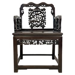 Pair of early 20th century Chinese carved hardwood armchairs, the shaped cresting rail with scroll decoration, the back pierced and carved with deer and bird motifs surrounded by foliate detail, the panelled seat over the carved and pierced frieze rail with flower head and branches trailing, raised on square supports united by stretchers