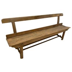 19th century pitch pine church bench or pew, single back rail over plank seat