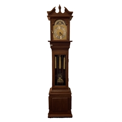 20th century handmade solid mahogany eight day longcase clock, chiming Westminster and Whittington, powered by three brass weights, the brass and silvered dial with Arabic numeral chapter ring and moon phase, splits in to three sections for transport 