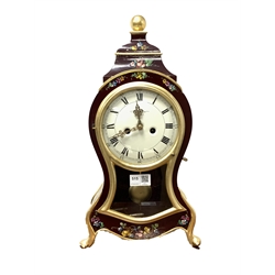 Rococo style eight day mantle clock of cartouche form, with gilt decoration and hand painted floral decoration, white enamel dial inscribed 'Hoelher' with Roman numerals striking on two bells 
