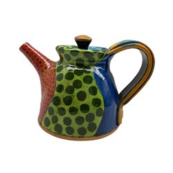 John Pollex (British 1941-): Studio pottery teapot slip decorated with painted geometric design, in vivid colours, impressed marks H12.5cm