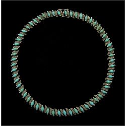 Silver marquise turquoise and marcasite link necklace, stamped 925