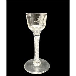 18th century English cordial glass, the bowl etched with flowers on a cotton twist stem H14cm