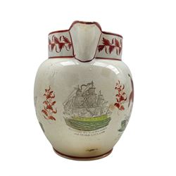 Early 19th century pearlware baluster jug printed and over painted with Britannia and Nelson with emblems, a ship and motto H18cm
