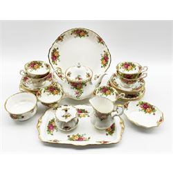Royal Albert Old Country Roses pattern tea set comprising six cups and saucers, six plates, tea pot, milk jug, sugar bowl, bread and butter plate, preserve jar and cover, sandwich plate and shallow bowl (25)