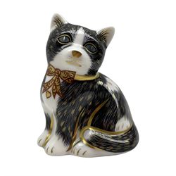 Royal Crown Derby paperweight 'Black & White Kitten' with gold stopper