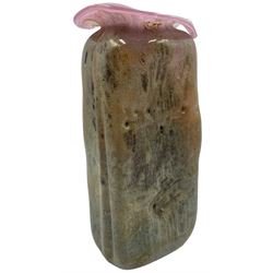 20th century studio glass vase, of rectangular section, wavy pink glass rim and tonal green mottled textured body, with a slight iridescent finish, unsigned, H19cm 