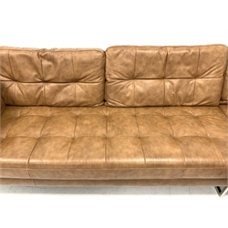 Dwell Furniture - corner sofa upholstered in buttoned tan brown leather on polished metal supports, W286cm, D158cm