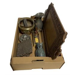 Set of six pewter spoons, Indian brass vase, Eastern carved tray and printing block, metal model of an owl and miscellanea in one box