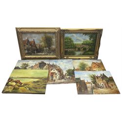 Collection of continental style oils on panel with landscape and street scenes, variously framed and signed in one box max 30cm x 40cm (21)