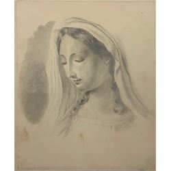 E. Elcott? (19th century): Pencil drawing of Madonna, signed indistinctly, together with 17th/18th century portrait sketch of a bearded man on blue laid paper and 6 other pen and pencil drawings, max 23cm x 19cm (8)
