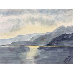 M E Houlton (British 20th century): 'Sunset Rijeka - Yugoslavia'; 'The Rock - Gibraltar' and 'The Coast of Yugoslavia', set three watercolours signed, labelled verso 24cm x 35cm (3)