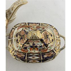 Early 19th century Derby Imari porcelain teapot and sucrier, together with a Stevenson & Hancock Imari spill vase H8.5cm (3)