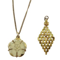 Gold enamel Yorkshire rose pendant necklace and one other pendant, both 9ct hallmarked or tested, approx 10.8gm