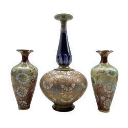 19th century Doulton Slater stoneware vase of bulbous form with tapered neck numbered 5093, together with a similar pair of vases (3)