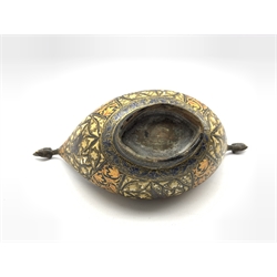 19th century Continental carved wooden kovsh or Beggars bowl with gilt and enamel foliate and bird decoration with mask ends L20cm  