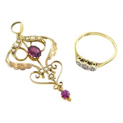 Edwardian purple stone and split seed pearl pendant, stamped 9ct and a gold diamond chip ring, stamped 18ct Plat