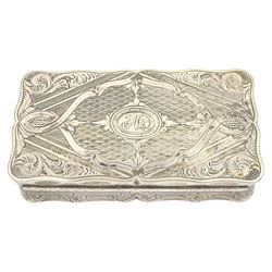 19th century Continental silver snuff box with engraved decoration and monogram and gilded interior 9cm x 5cm 3.3oz