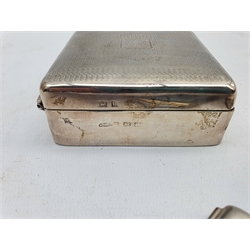 Engine turned square silver cigarette box  Birmingham 1930 , silver match book holder and a silver vesta case