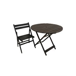 Stained hardwood garden table, the circular slatted top raised on a folding base (D90cm) together with a similar folding garden chair (W50cm)