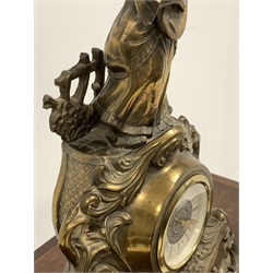 19th century French brass figural mantel clock, with integral key and later movement, W35cm