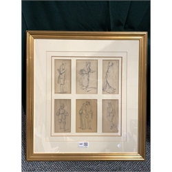 Henri Griset series of six pencil drawings of 19th Century figures, larger 13cm x 8cm, in one frame. Reputed to be taken from an album belonging to the artist's descendants 